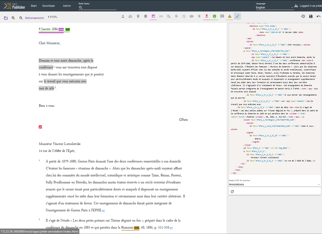 Kommentierung im TEI Publisher in Endnoten mit TEI-XML
