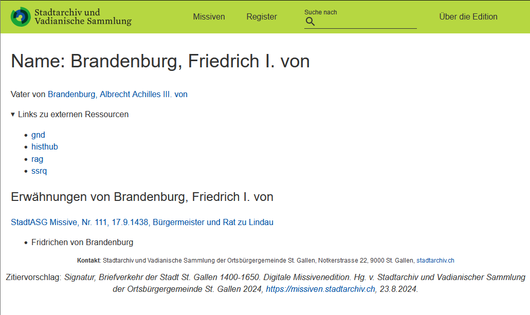 Name index page of the Missives edition